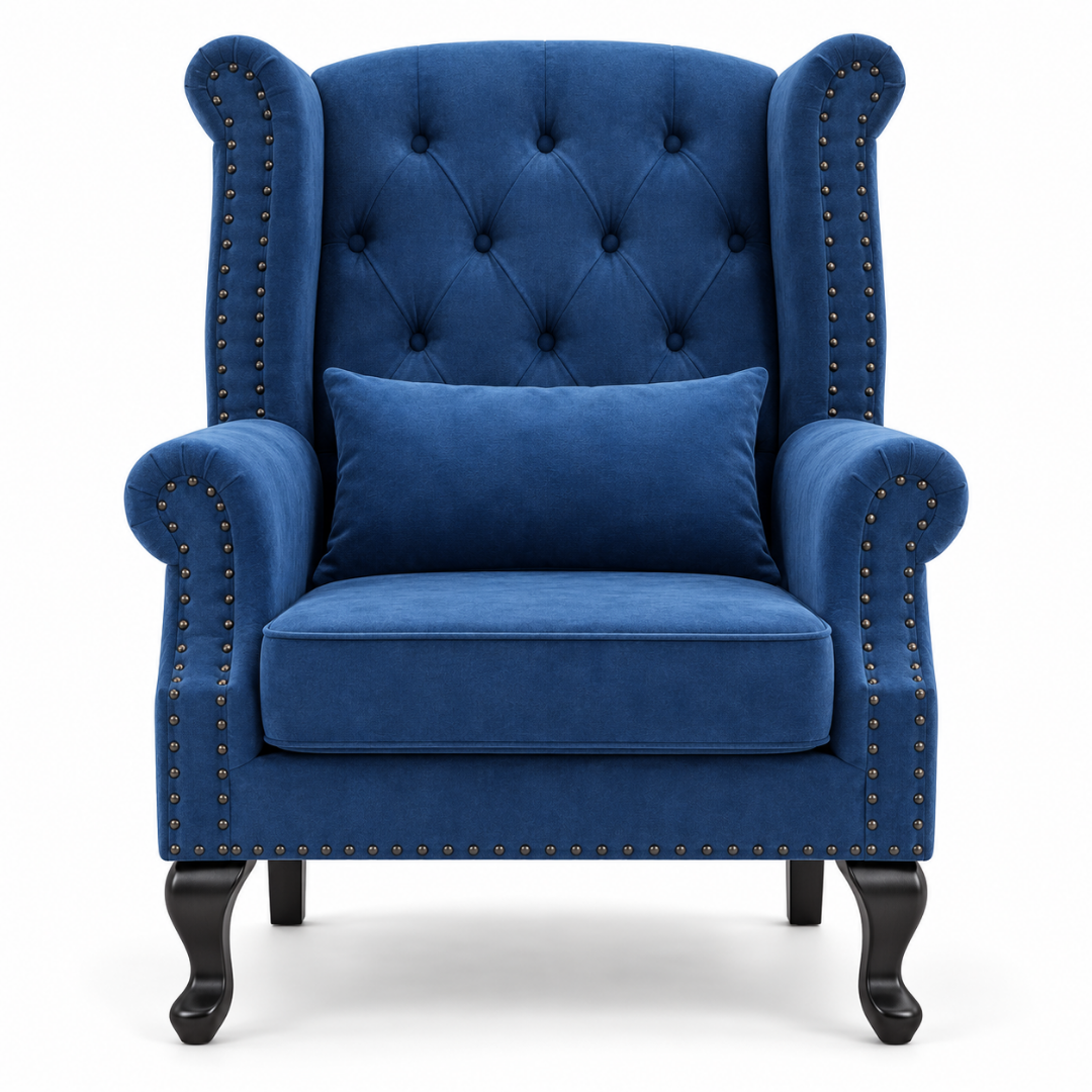 Wooden Twist Majestic Velvet Wingback Chair Blue – Front View
