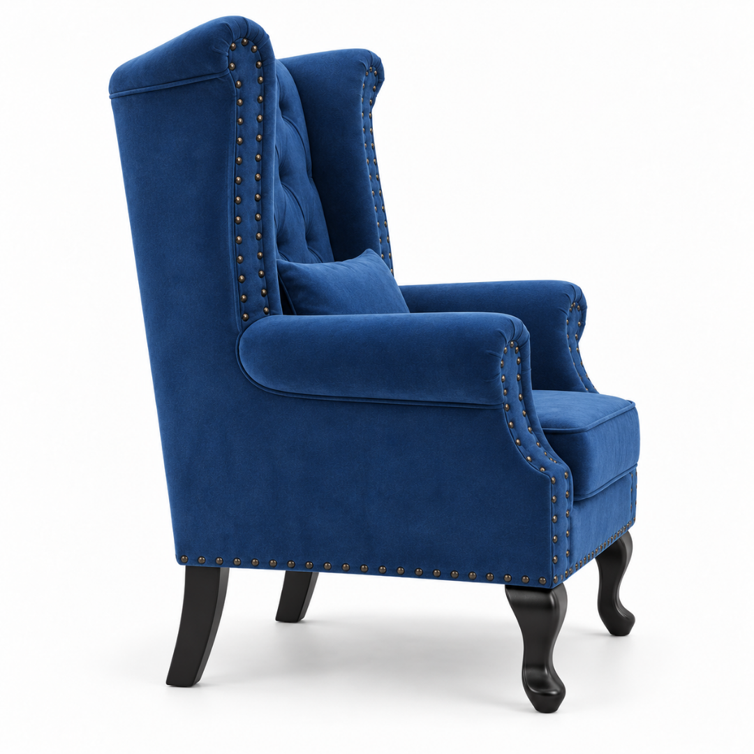 Wooden Twist Majestic Velvet Wingback Chair Blue – Side View