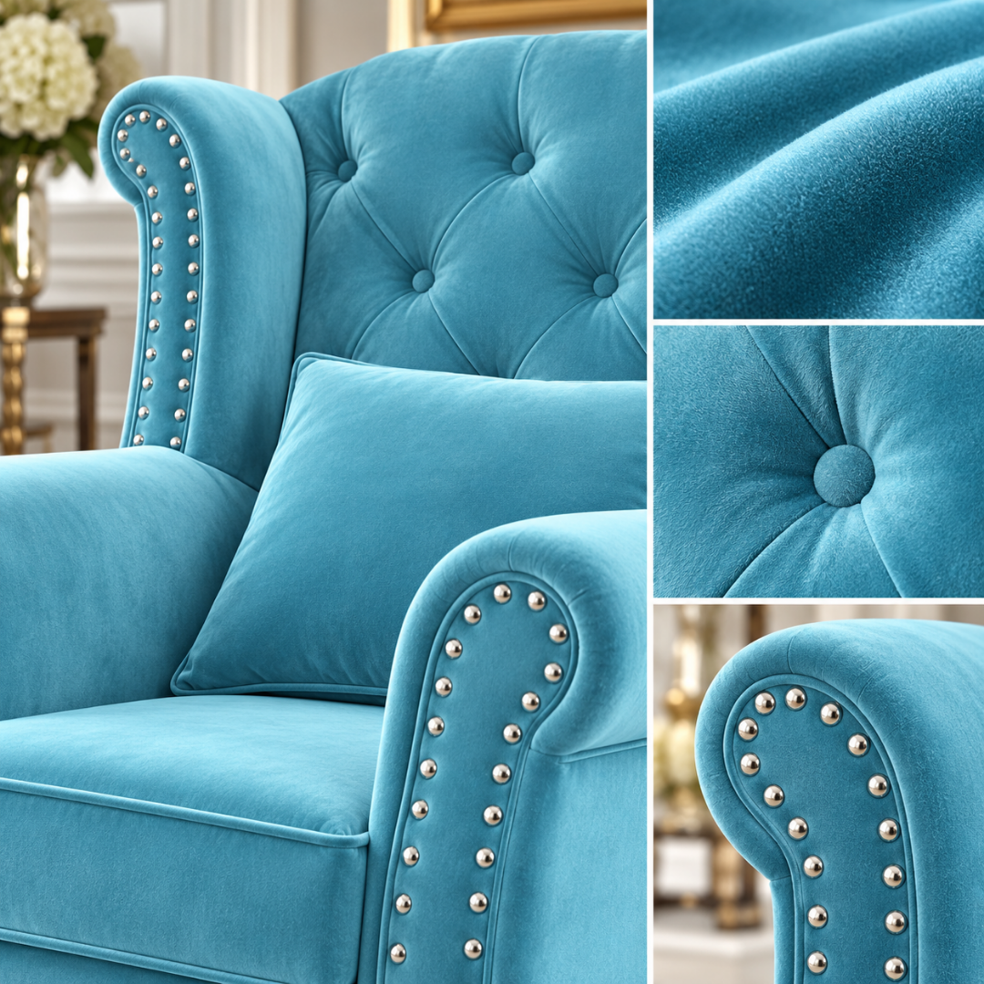 Wooden Twist Majestic Velvet Wingback Chair Sky Blue – Detail Close-Ups