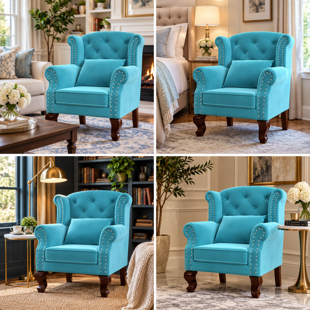 Wooden Twist Majestic Velvet Wingback Chair Sky Blue – Room Styling Ideas