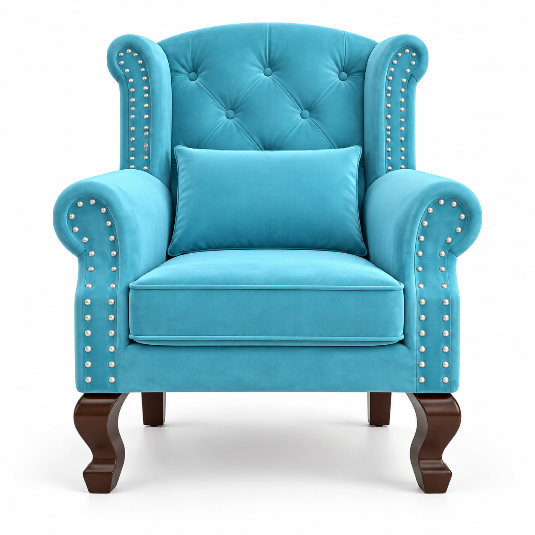 Wooden Twist Majestic Velvet Wingback Chair Sky Blue – Front View