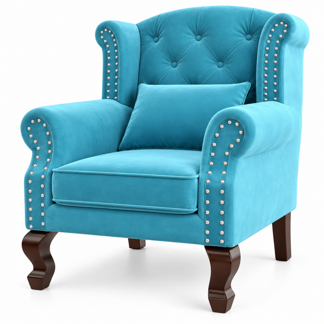 Wooden Twist Majestic Velvet Wingback Chair Sky Blue – Front View Close-Up