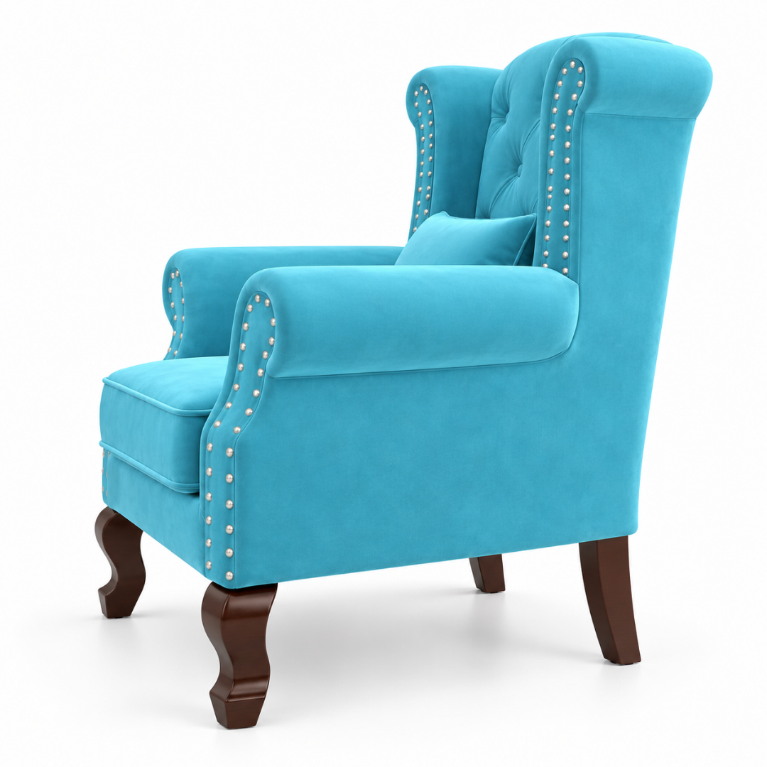 Wooden Twist Majestic Velvet Wingback Chair Sky Blue – Side View
