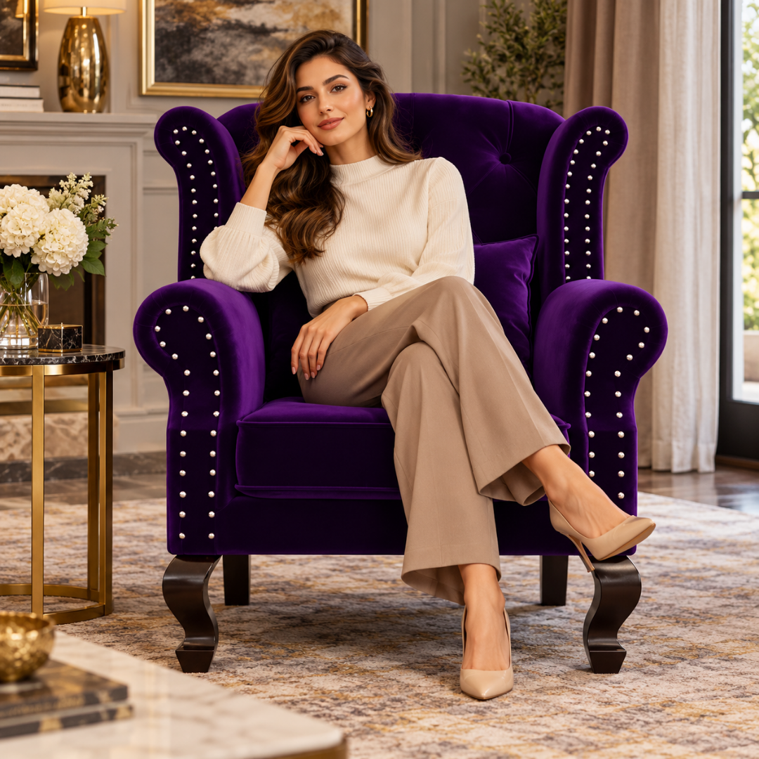 Wooden Twist Majestic Velvet Wingback Chair Purple – Lifestyle with Model
