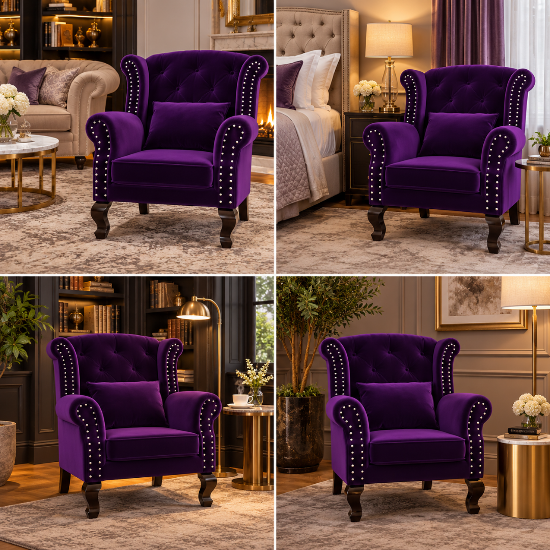 Wooden Twist Majestic Velvet Wingback Chair Purple – Room Styling Ideas