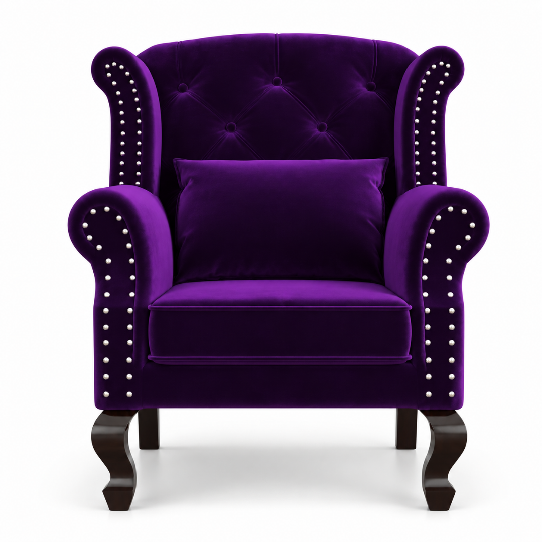 Wooden Twist Majestic Velvet Wingback Chair Purple – Front View