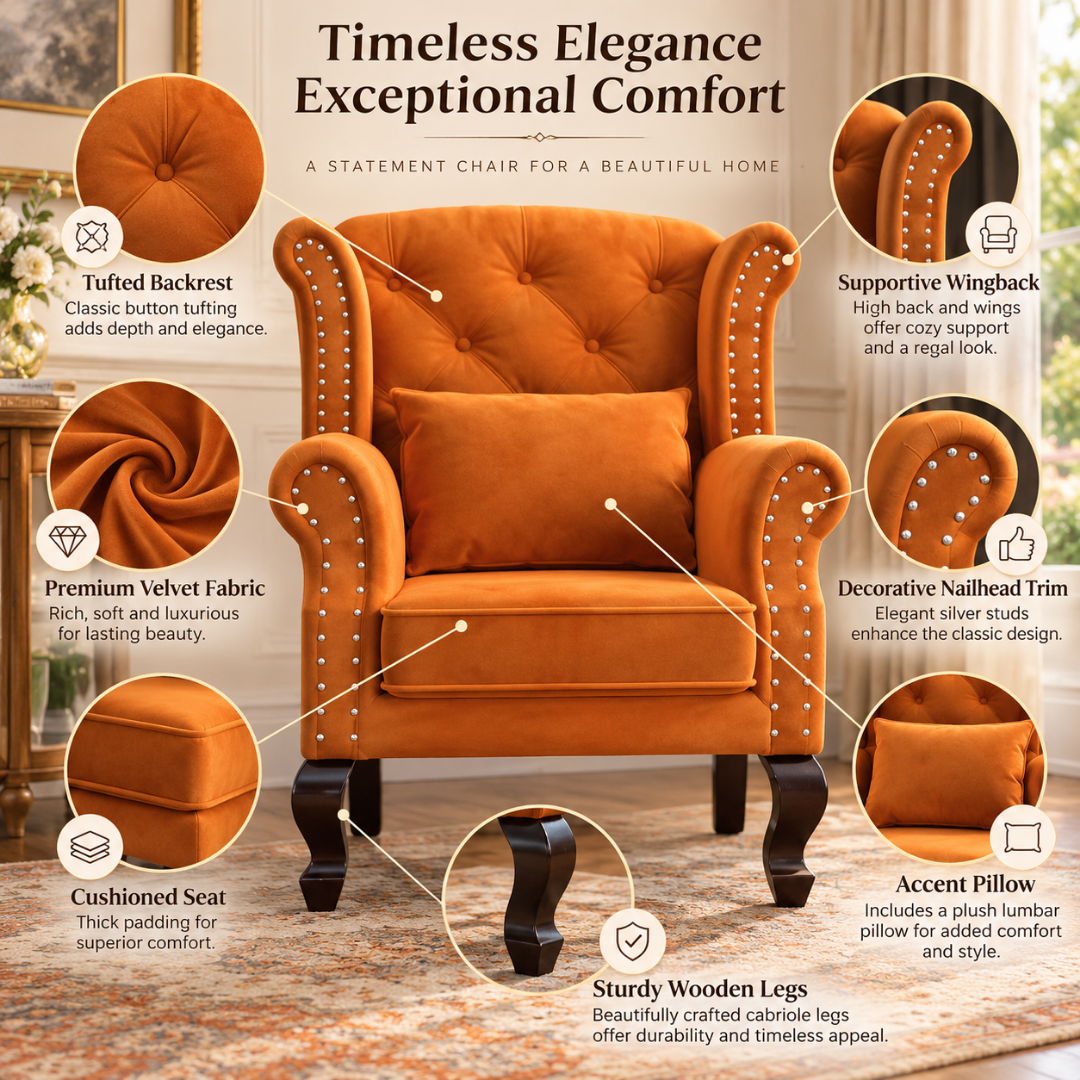 Wooden Twist Majestic Velvet Wingback Chair Orange – Key Features