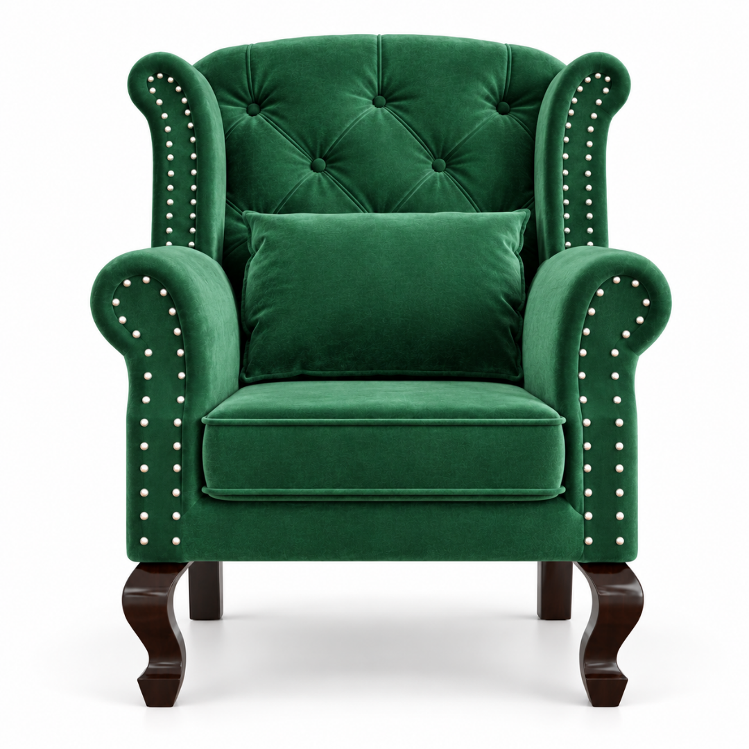Wooden Twist Majestic Velvet Wingback Chair Dark Green – Front View