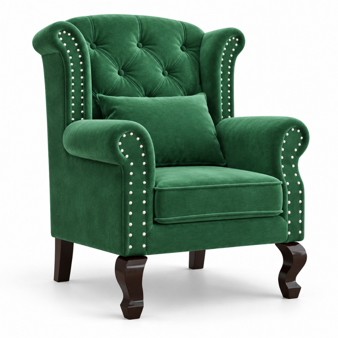 Wooden Twist Majestic Velvet Wingback Chair Dark Green – Angle View