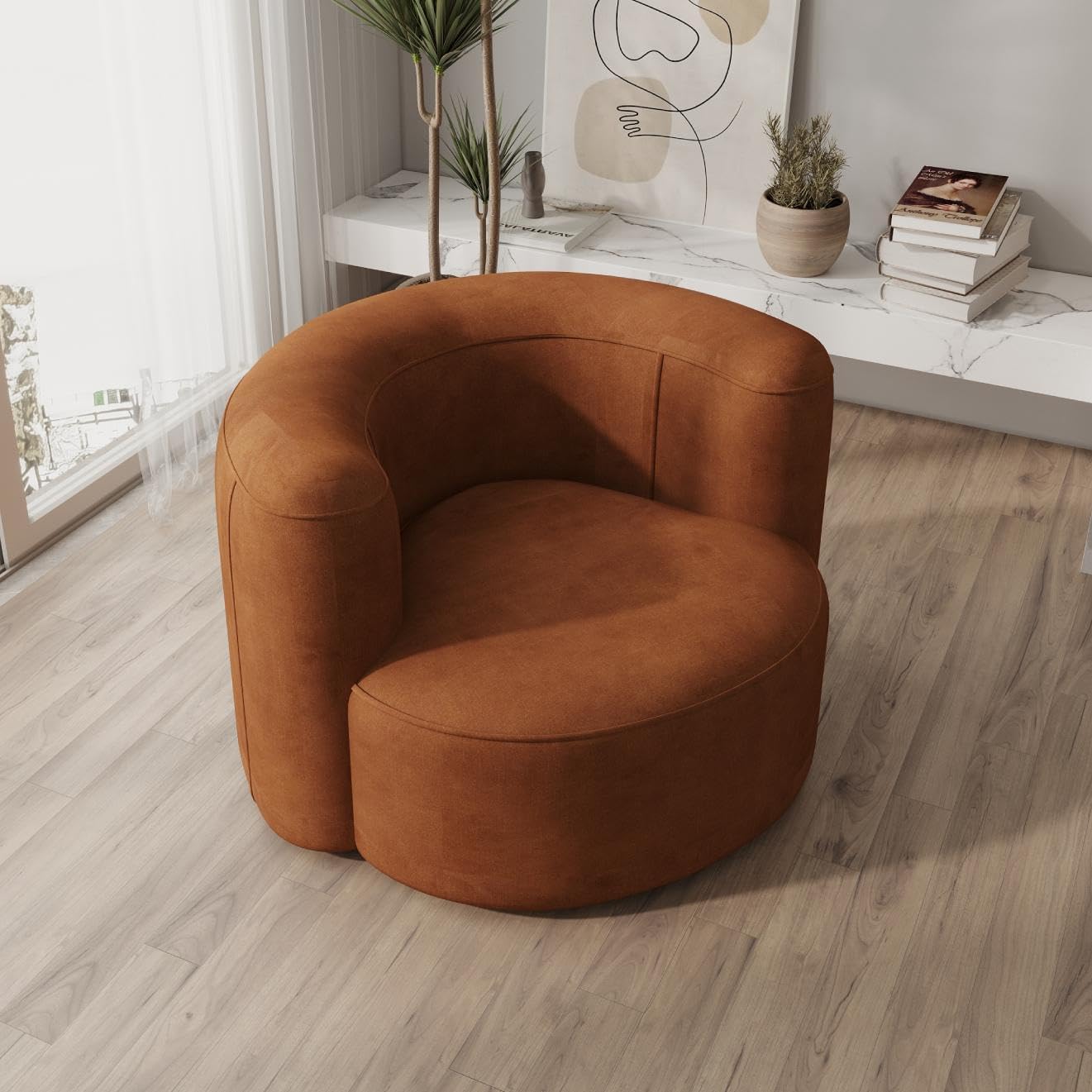 Brown chair in a room with a desk and decor