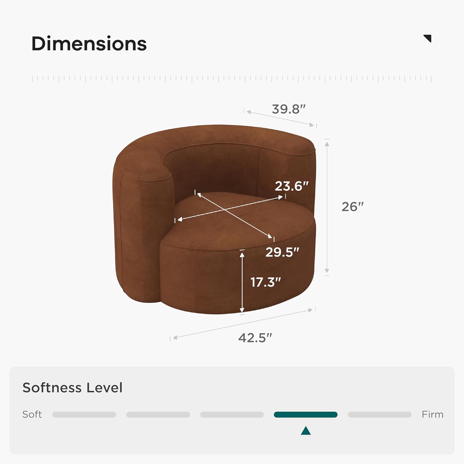 Brown armchair with dimensions labeled on a white background