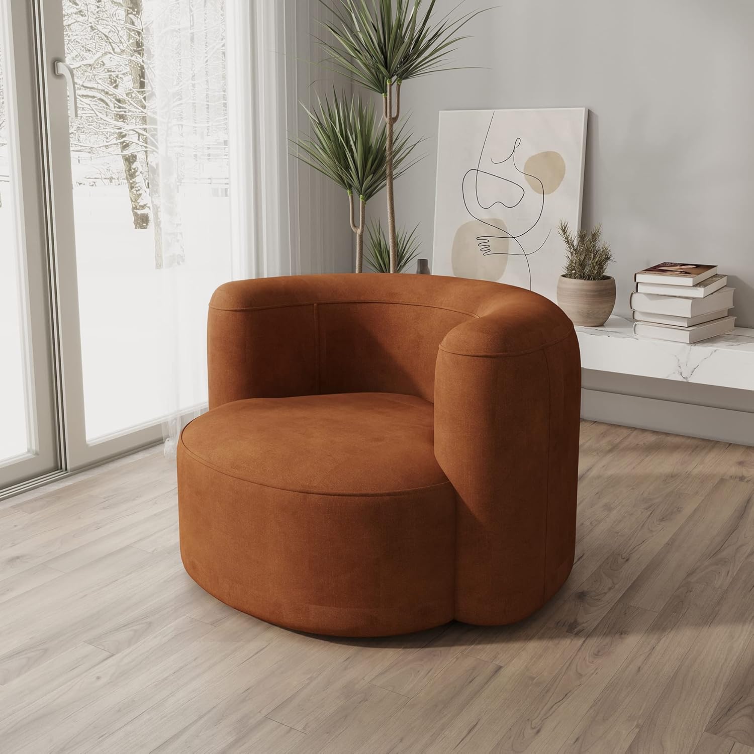 Brown armchair in a modern room with a window and decor elements.