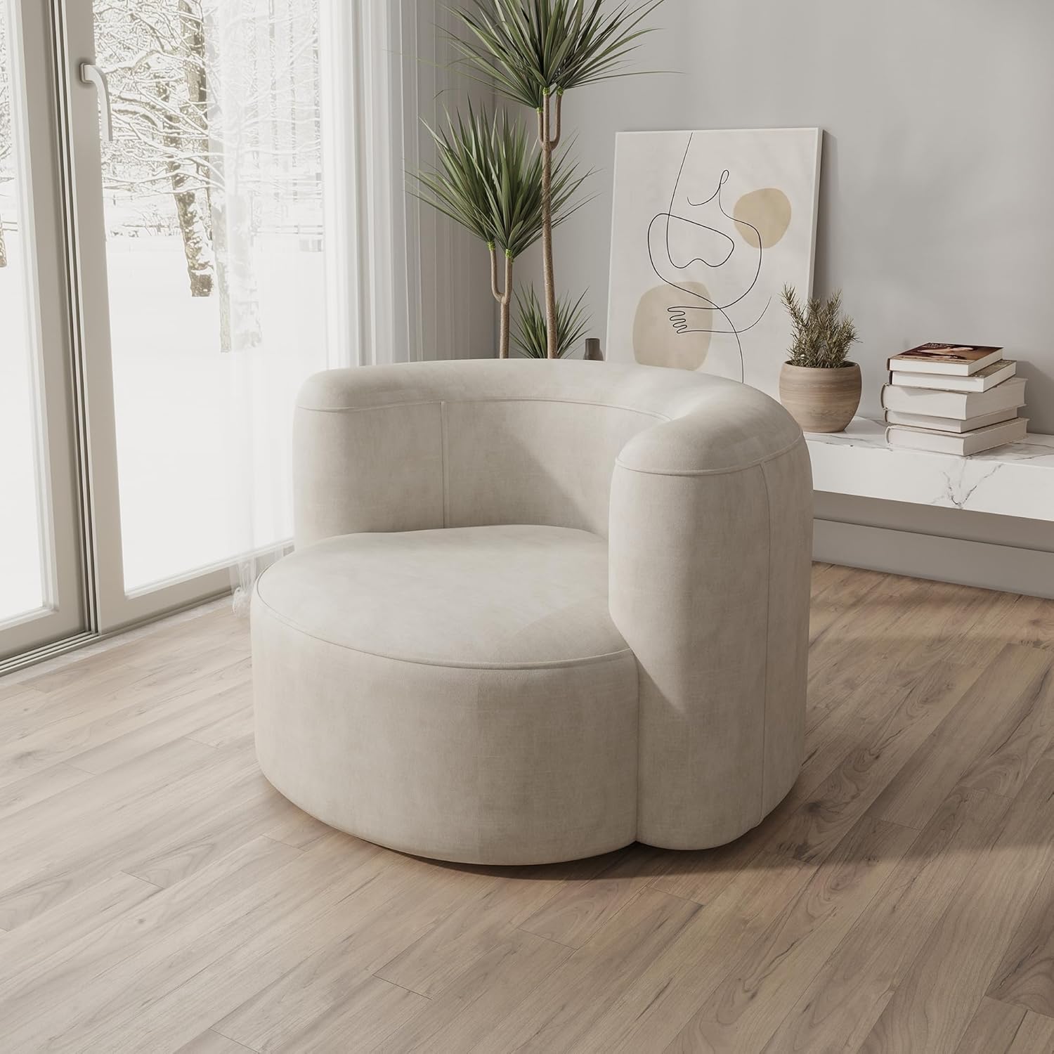 Beige armchair in a modern living room with a window and decor elements.