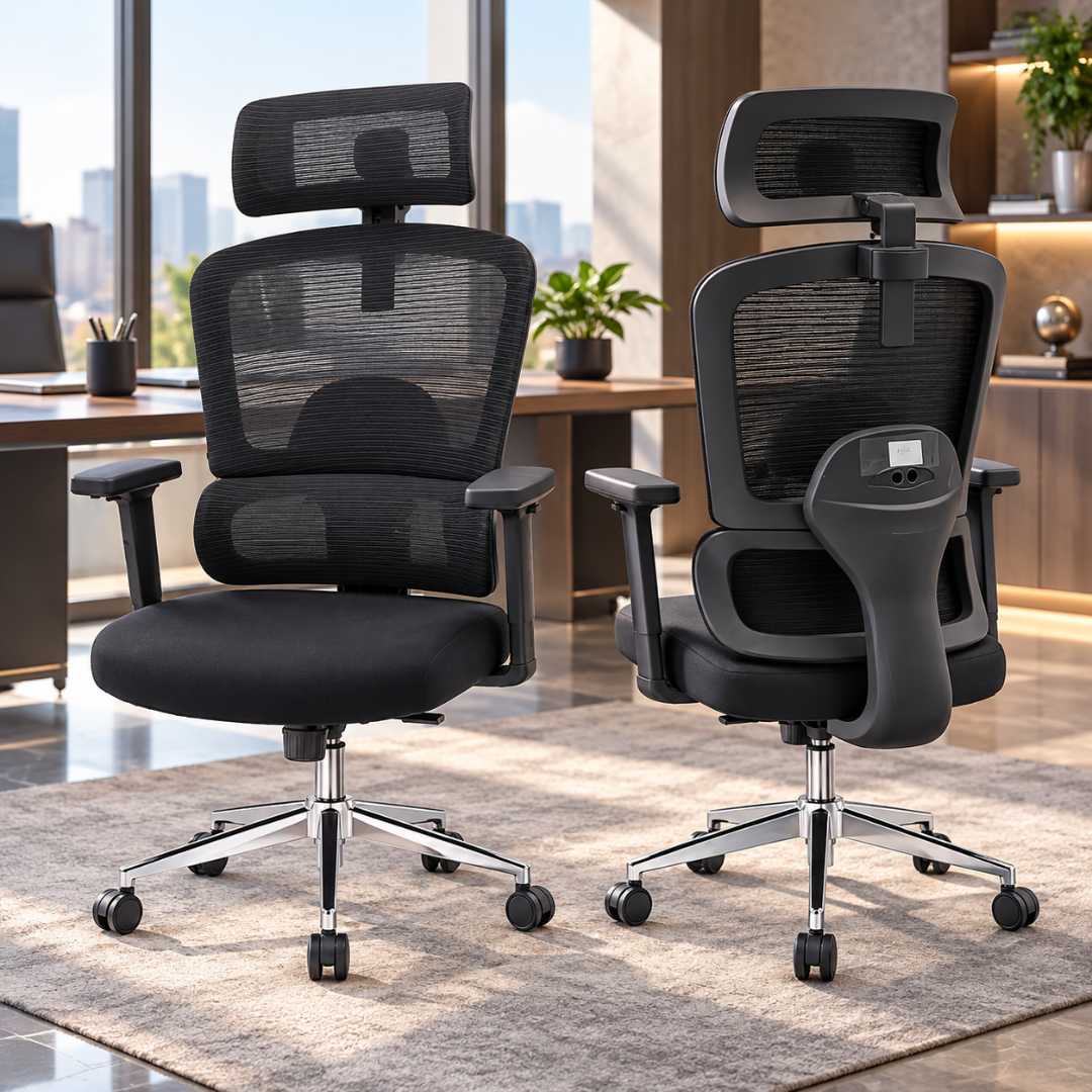 Wooden Twist Orvia Ergonomic Mesh Office Chair Black – Front and Back in Office