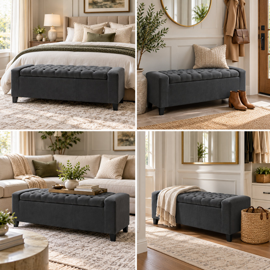 Wooden Twist Raffinee dark gray velvet storage bench – styled in bedroom, entryway and living room
