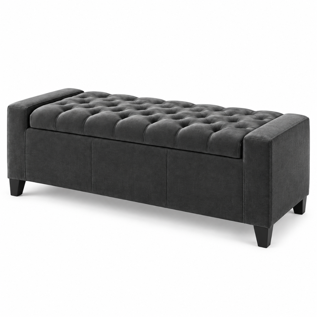 Wooden Twist Raffinee dark gray velvet flip top storage bench – angled view on white background