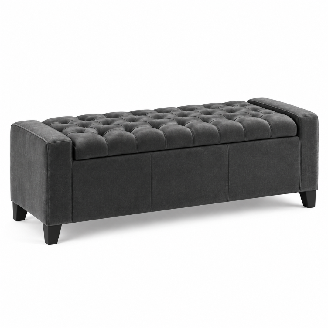 Wooden Twist Raffinee dark gray tufted storage bench – side angle on white background