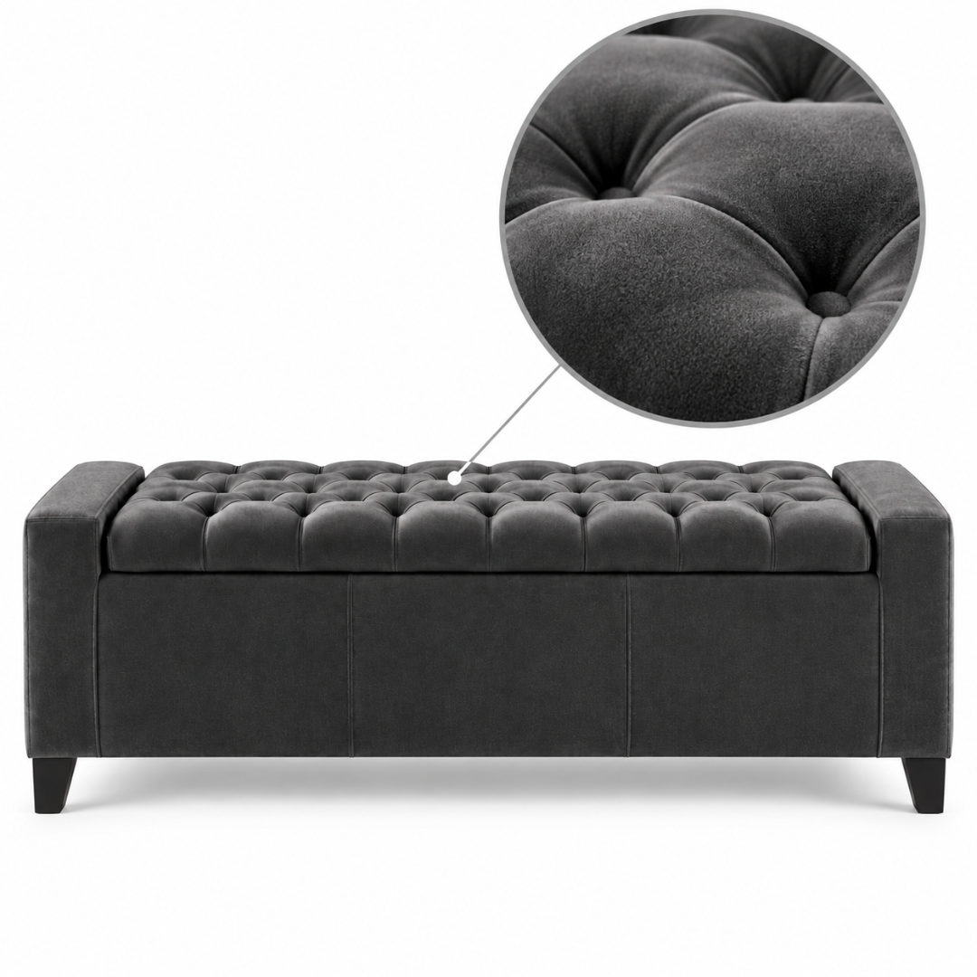 Wooden Twist Raffinee dark gray storage bench – close-up of button-tufted velvet top