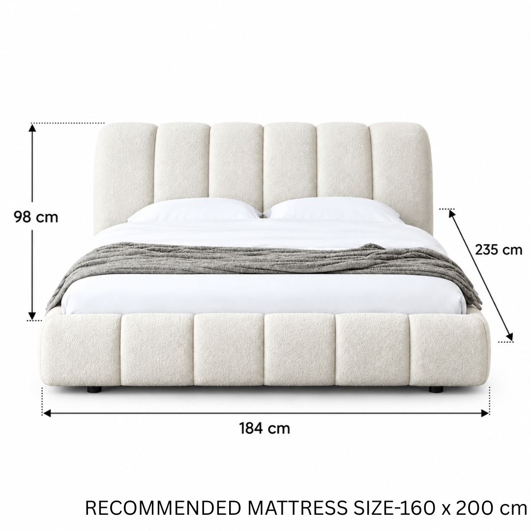 Wooden Twist Tactic Channel Tufted Boucle Bed White – Queen 160 x 200 cm Dimensions 184 x 235 x 98 cm