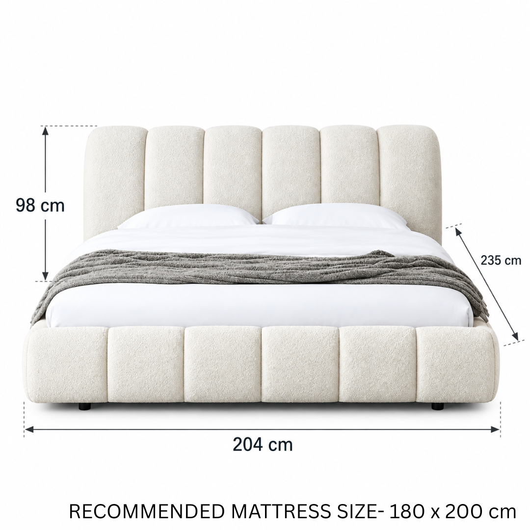 Wooden Twist Tactic Channel Tufted Boucle Bed White – King 180 x 200 cm Dimensions 204 x 235 x 98 cm
