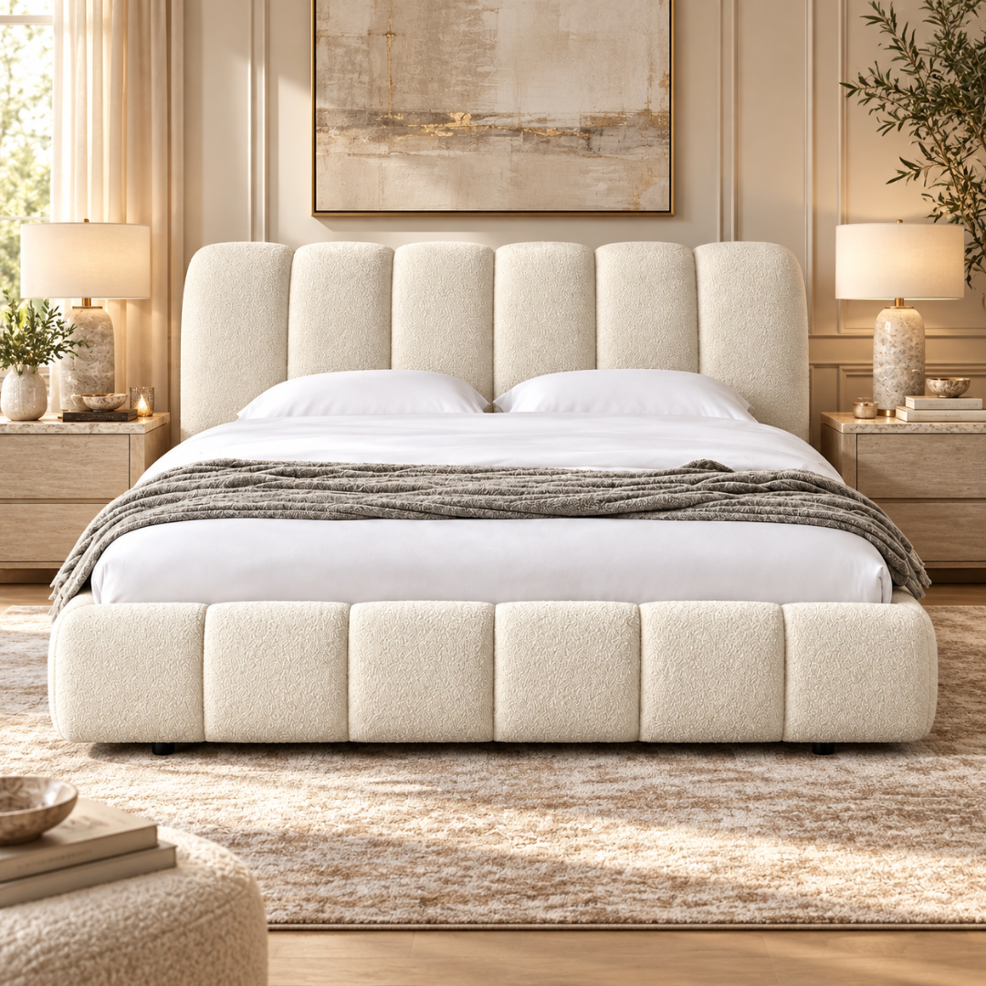 Wooden Twist Tactic Channel Tufted Boucle Bed White – Luxury Bedroom