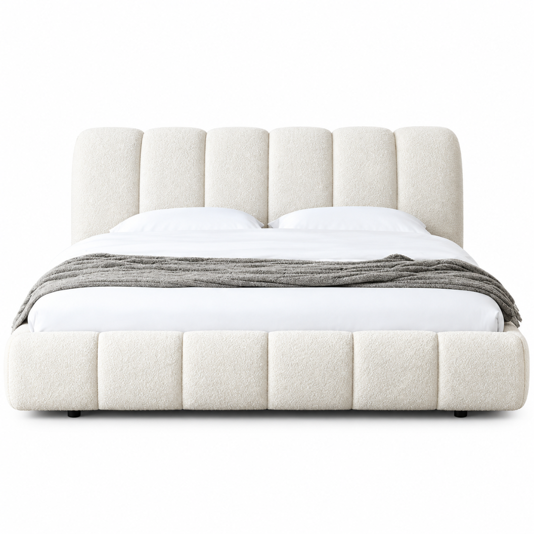 Wooden Twist Tactic Channel Tufted Boucle Bed White – Front View with Bedding