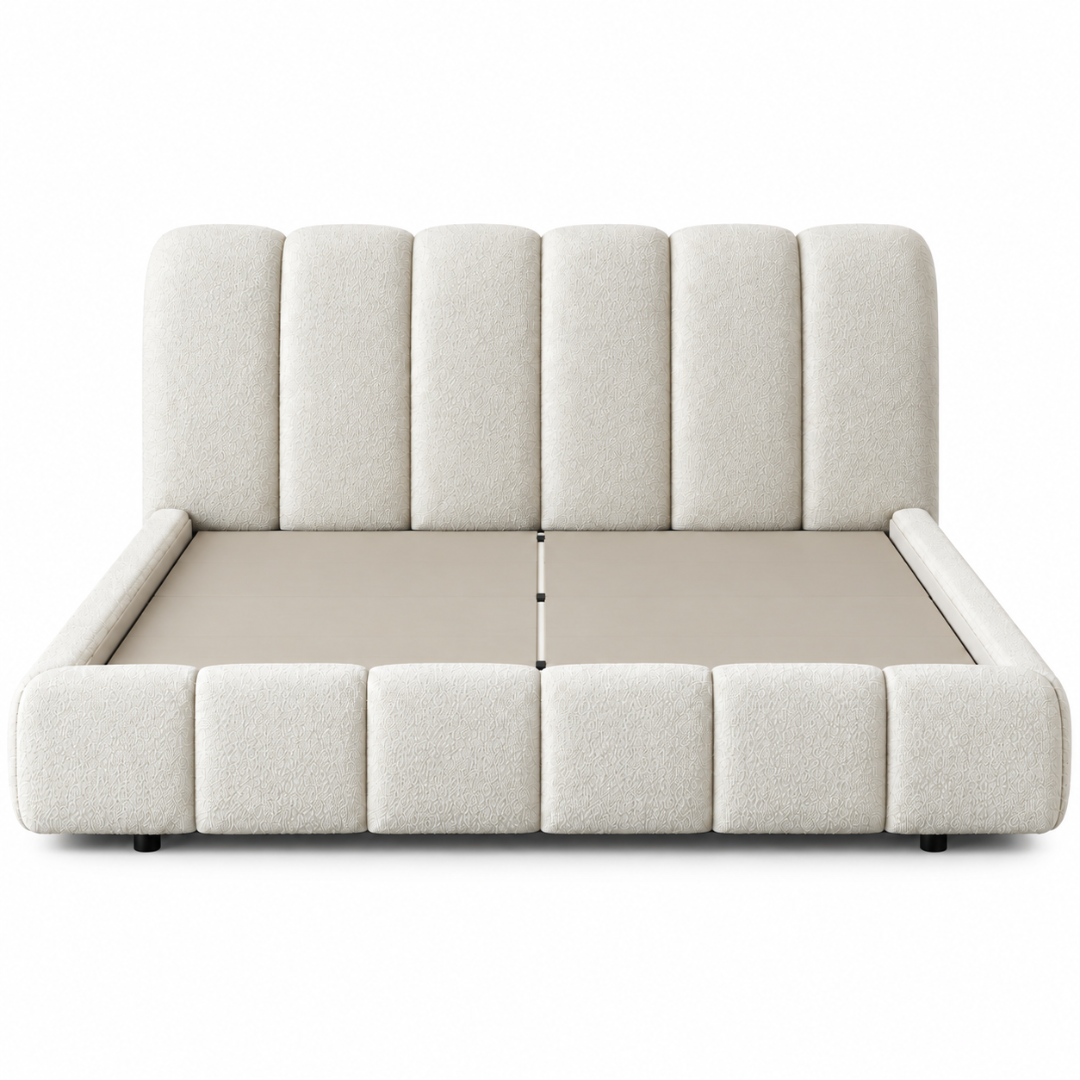 Wooden Twist Tactic Channel Tufted Boucle Bed White – Front View of Bed Frame