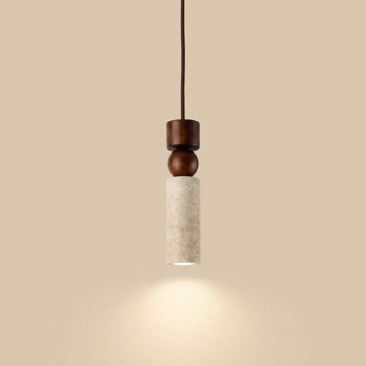 Woodora Travertine & Walnut Wood Pendant Light - front product view on beige background