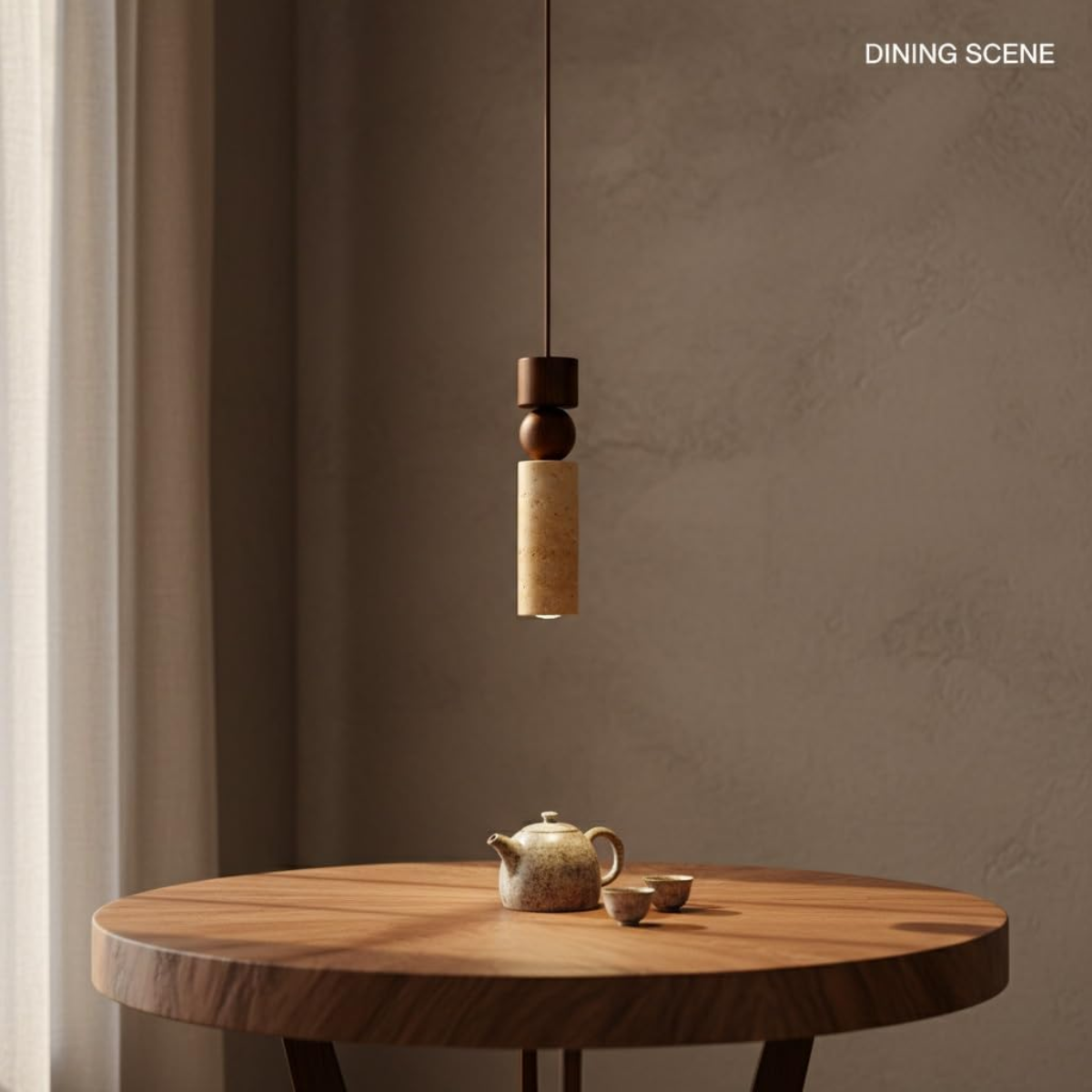 Woodora Travertine & Walnut Wood Pendant Light - dining scene above a round wood table with teapot