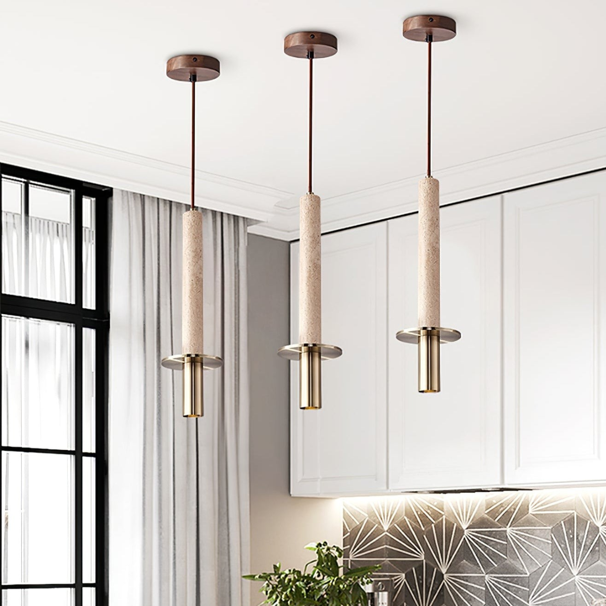 Aurevia Pendant Light Yellow Travertine + Gold - lifestyle three pendants above a kitchen island
