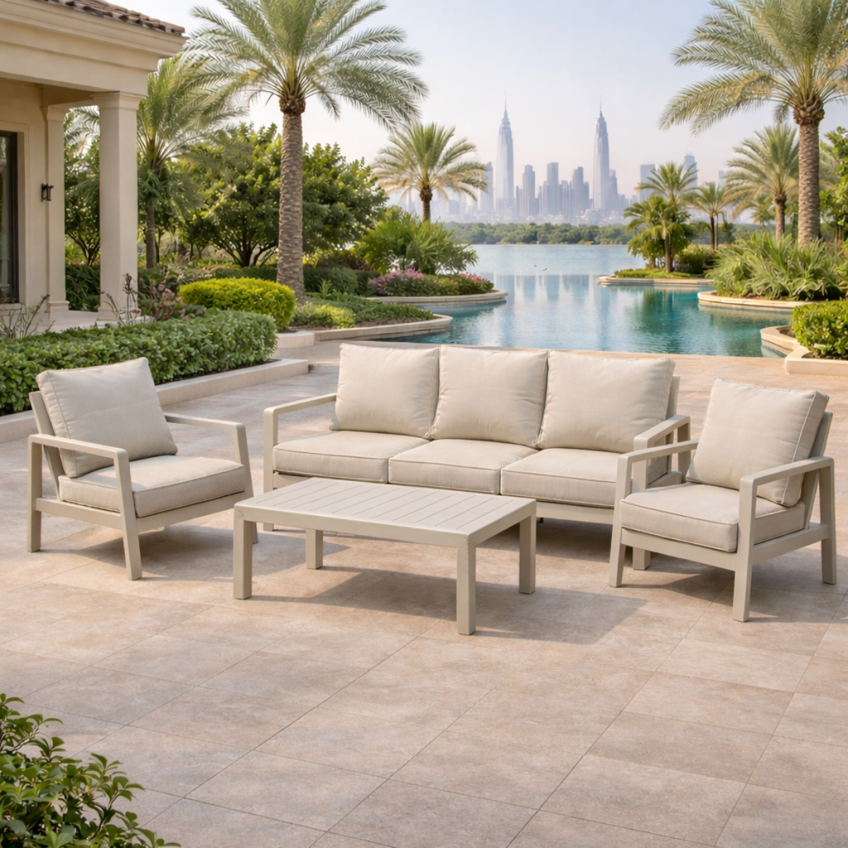 Luxury beige aluminum outdoor sofa set in Dubai villa garden