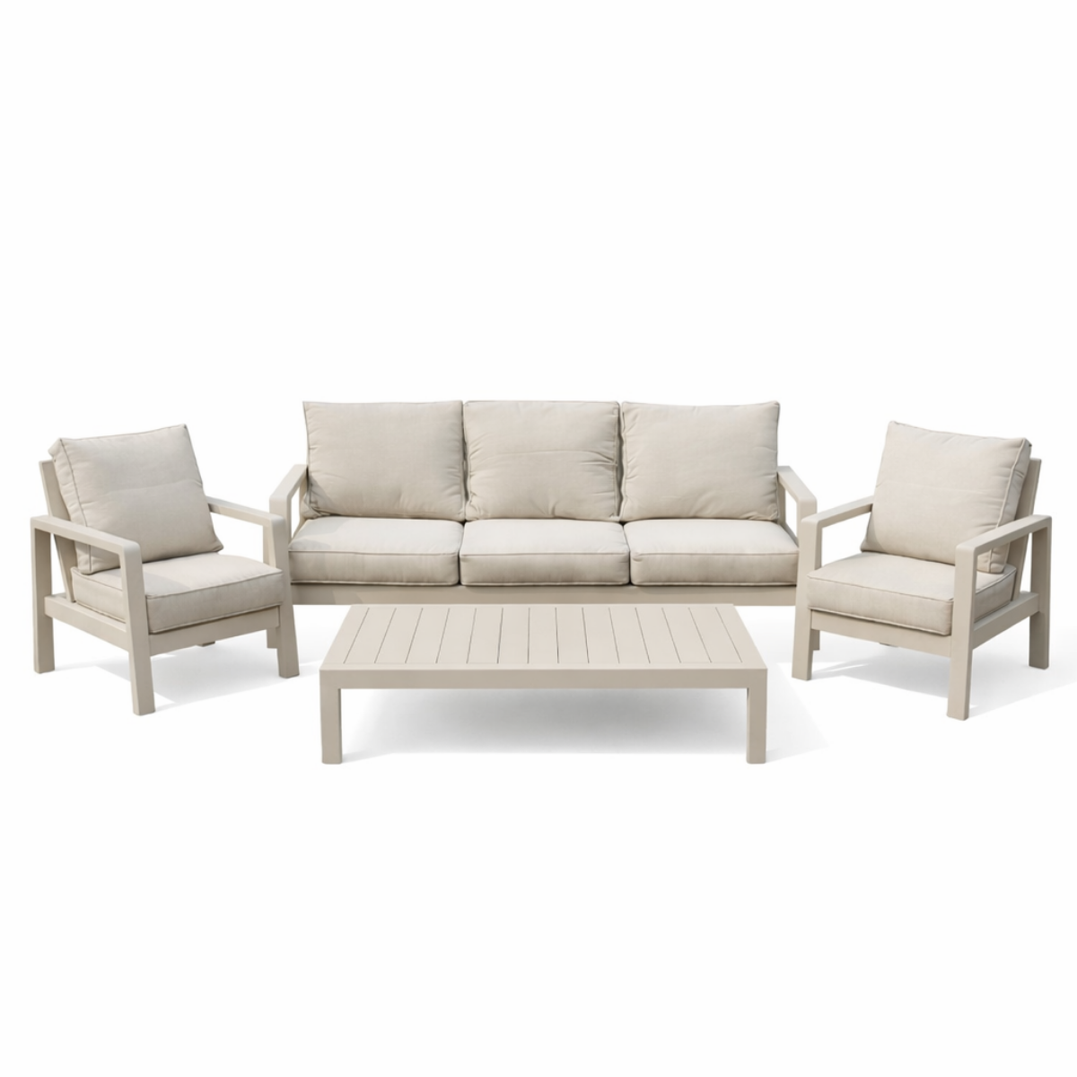 Modern aluminum outdoor sofa set with coffee table and cushions