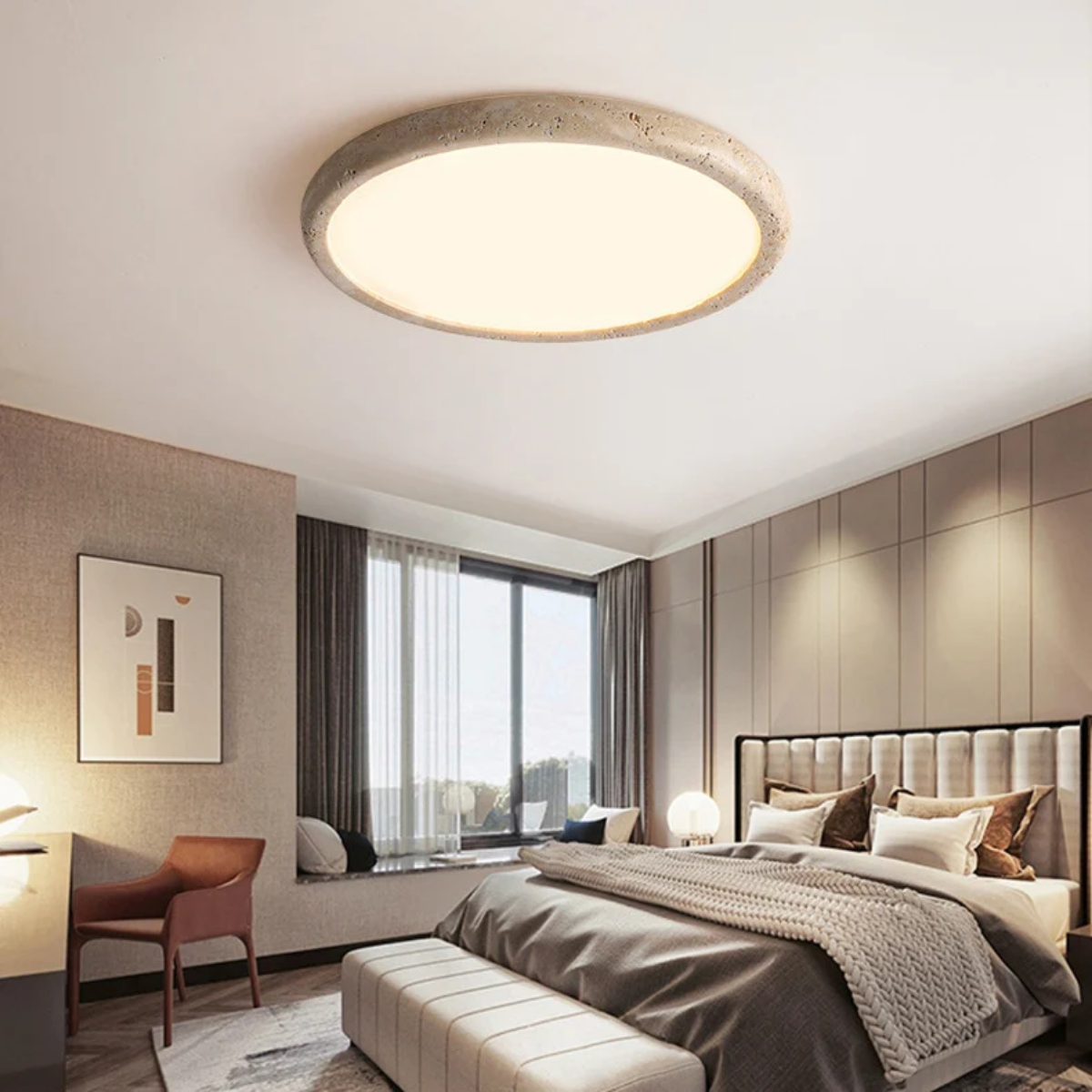 Zenora Travertine LED Ceiling Light installed on a bedroom ceiling, warm ambient glow