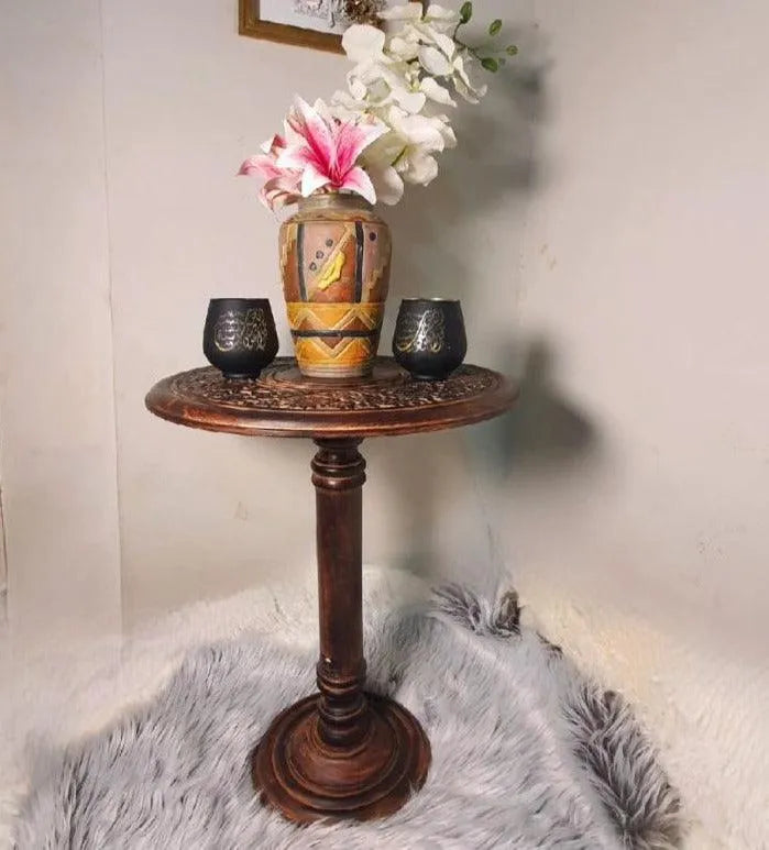 Wooden Twist Sculpte Hand Carved Solid Wood End Table - Wooden Twist UAE