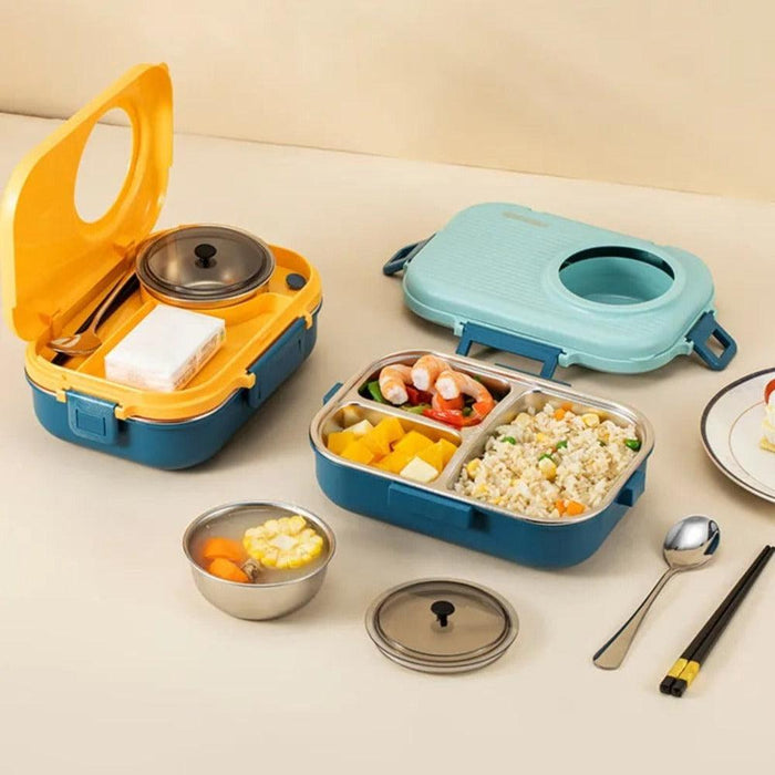 Family picnic scene featuring Raafi Stainless Steel Yellow Tiffin Box Set – convenience and style.