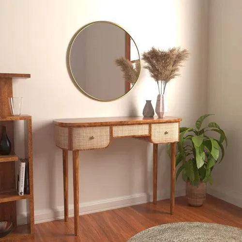 Wooden Twist Decoy Curve Rattan Rosewood Console Table with 3 Drawers Elegant Entryway for Home Decor