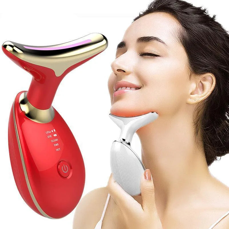 EMS Thermal Neck Lifting And Tighten Massager Electric Microcurrent Wrinkle Remover LED Photon Face Beauty Device For Woman - Wooden Twist UAE