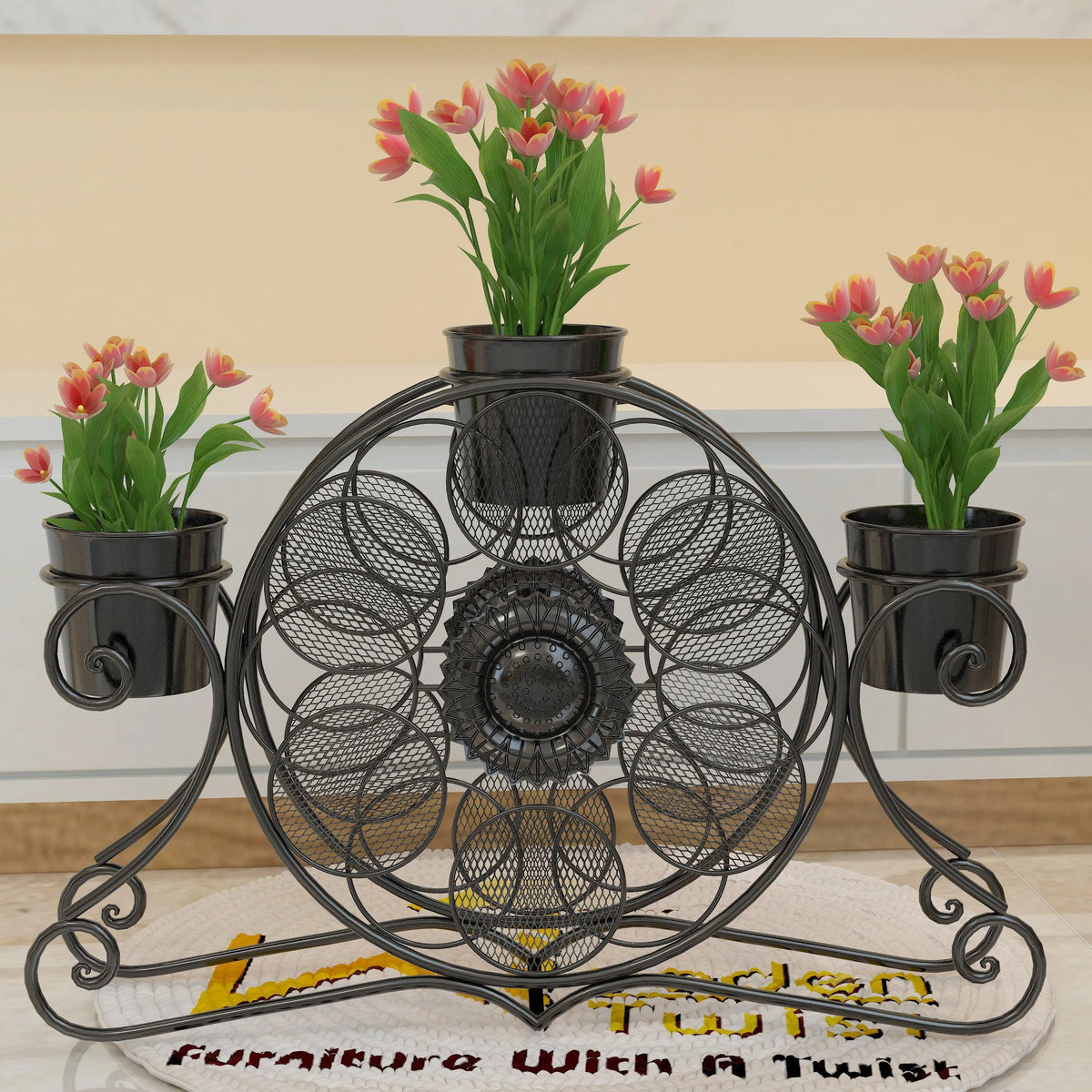 Wooden Twist Stylish loto Wrought Iron Floor Planter Stand with 3 Pots ( Black ) - Wooden Twist UAE