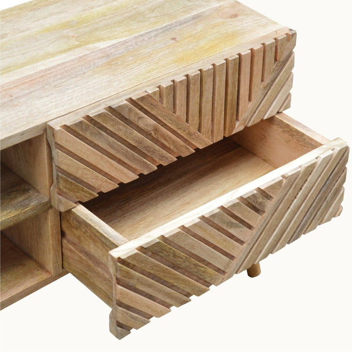 Wooden Twist Oak Design Carved Line Acacia Wood Rectangular TV Unit Cabinet with 2 Drawer & 2 Rack - Wooden Twist UAE