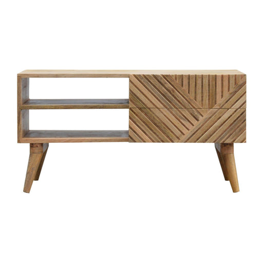 Wooden Twist Oak Design Carved Line Acacia Wood Rectangular TV Unit Cabinet with 2 Drawer & 2 Rack - Wooden Twist UAE
