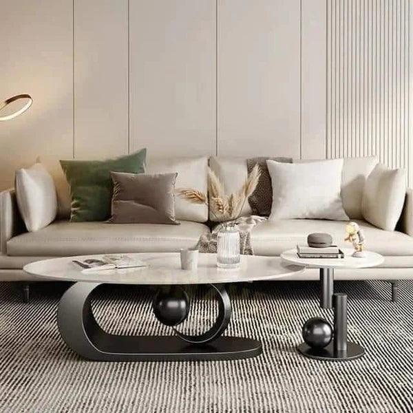 Wooden Twist Moon Design Coffee Table with Stainless Steel Base, Marble Top and Black Finish Elegant Centerpiece for Your Living Room Decor - Wooden Twist UAE