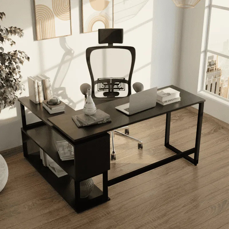 Wooden Twist L-Shaped Executive Office Desk laminated Top with Steel Base and 2 Racks - Wooden Twist UAE