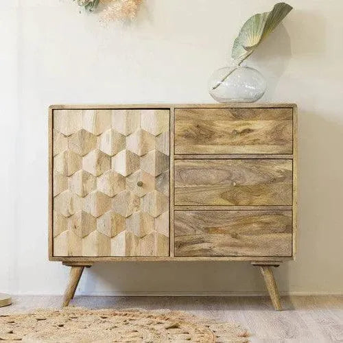 Wooden Twist Pentagonal Hand-Carved Sideboard Cabinet with 1 Door & 3 Drawers - Wooden Twist UAE