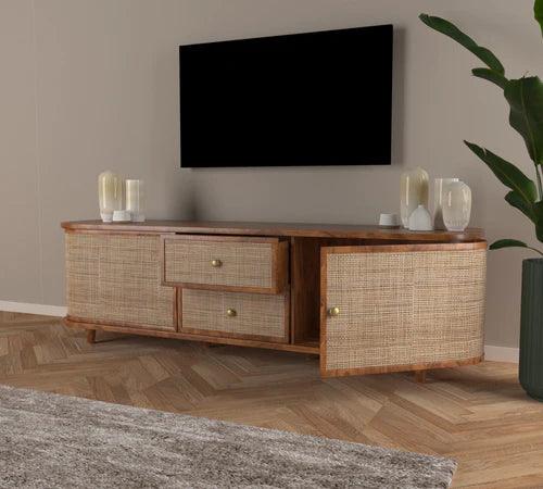 Wooden Twist Curve Rattan Cane Rosewood TV Unit Cabinet with 2 Drawers & 2 Doors Elegant Storage and Style for Your Living Space - Wooden Twist UAE