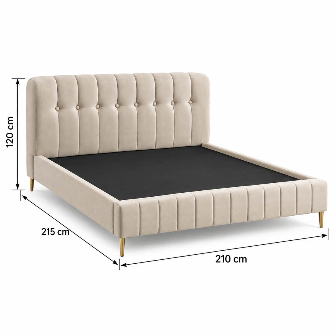 Wooden Twist Button Tufted Channel Suede Bed Beige – Super King dimensions 210 x 215 x 120 cm