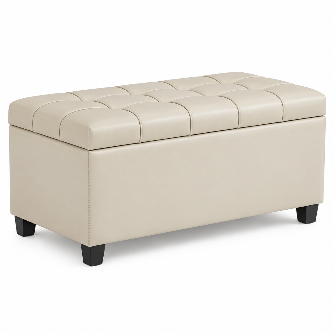 Wooden Twist Luper Tufted Storage Bench Ottoman Cream – angled view on white background