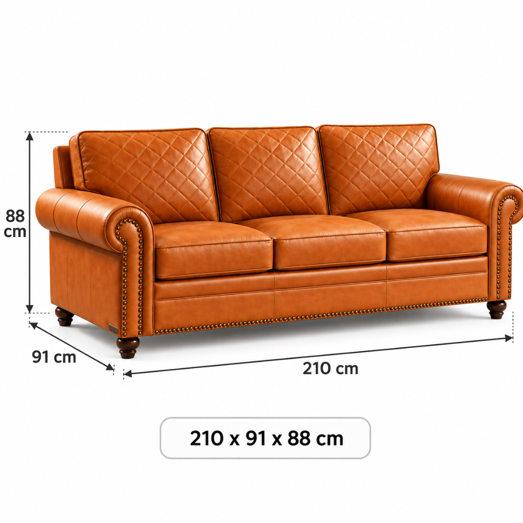 Wooden Twist Grace Quilted Brown 3 Seater Sofa – Dimensions 210 x 91 x 88 cm