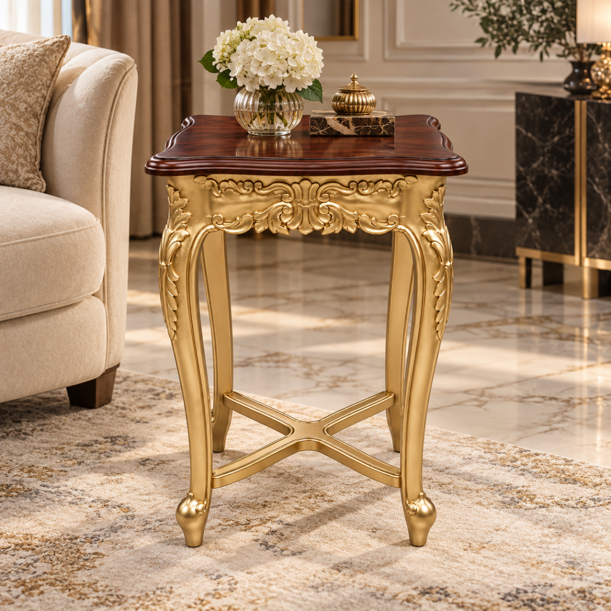 Wooden Twist Elegant Baroque Carved End Table – styled beside a tufted sofa with a table lamp and books