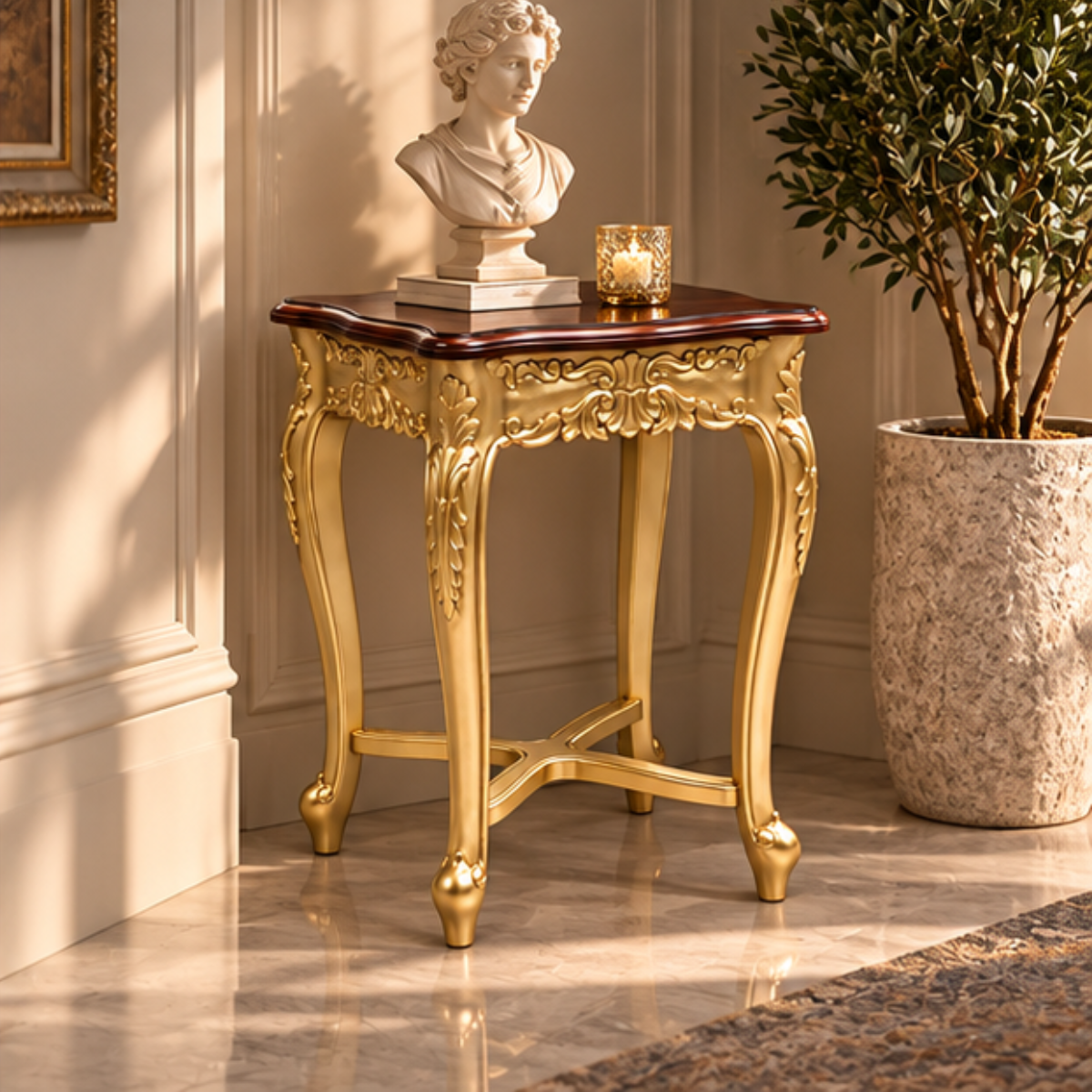 Wooden Twist Elegant Baroque Carved End Table – gold carved side table styled in an entryway with a classic bust statue and olive plant