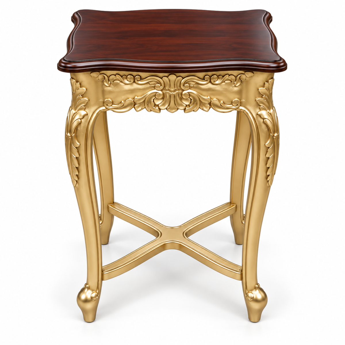 Wooden Twist Elegant Baroque Carved End Table – gold leaf carved side table with mahogany top on white background